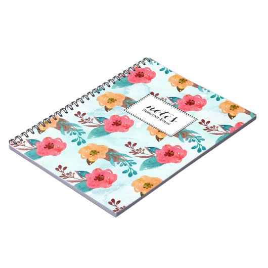 Waterverf Floral Pattern Aqua Blue en Roze Notitieboek (Linkerzijde)