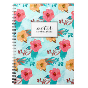 Waterverf Floral Pattern Aqua Blue en Roze Notitieboek