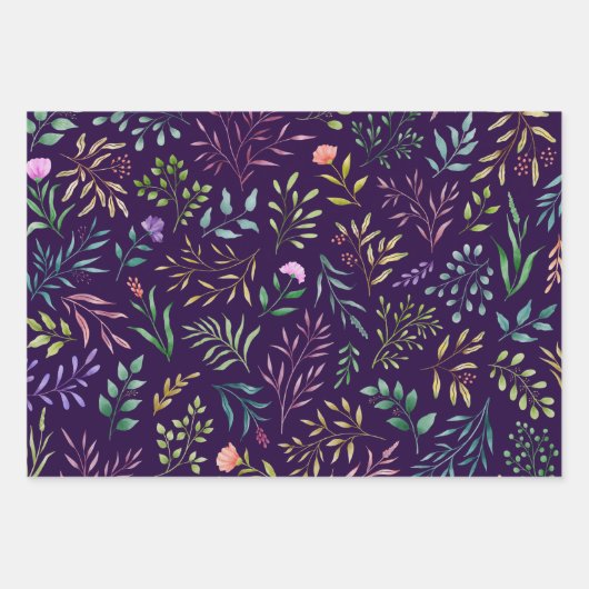 Waterverf Floral Pattern Line Art Paars Inpakpapier Vel (Voorkant)