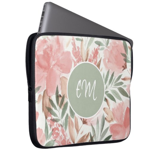 Waterverf Floral Pattern Monogram Laptop Sleeve (Voorkant Rechts)