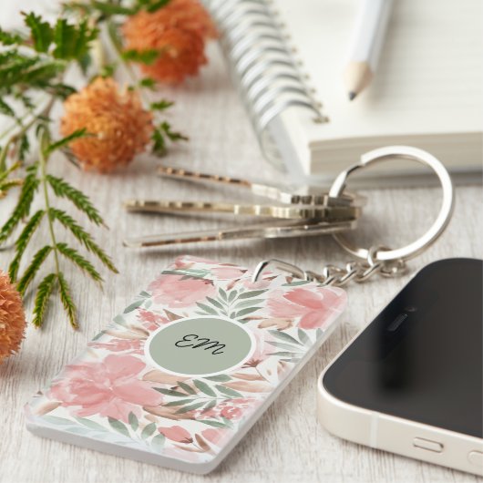 Waterverf Floral Pattern Monogram Sleutelhanger (Voorkant Rechts)