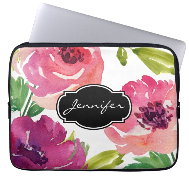 Waterverf Floral Pattern Monogrammed Laptop Sleeve (Voorkant)