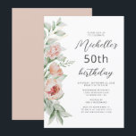 Waterverf Floral Peach Blush 50th Birthday Kaart<br><div class="desc">Op de linkerrand van deze uitnodiging van het verjaardagsfeest staat een waterverf bloemkool van perziken, bloemen en groen. De aanpasbare tekst combineert manuscript en sans serif doopvonten in steenkoolgrijs op een witte achtergrond. De achterkant kenmerkt een coördinerende stevige kleur. U kunt de tekst voor om het even welk verjaardagsjaar uitgeven....</div>