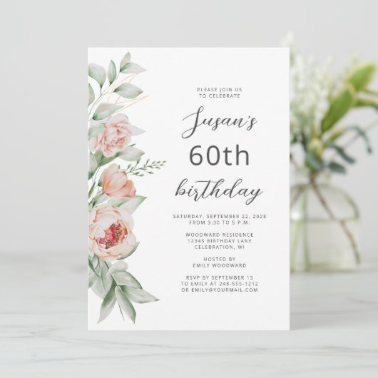 Waterverf Floral Peach Blush 60th Birthday Kaart (Staand voorkant)