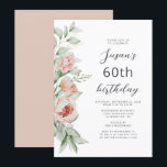 Waterverf Floral Peach Blush 60th Birthday Kaart<br><div class="desc">Op de linkerrand van deze uitnodiging van het verjaardagsfeest staat een waterverf bloemkool van perziken, bloemen en groen. De aanpasbare tekst combineert manuscript en sans serif doopvonten in steenkoolgrijs op een witte achtergrond. De achterkant kenmerkt een coördinerende stevige kleur. U kunt de tekst voor om het even welk verjaardagsjaar uitgeven....</div>