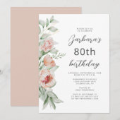 Waterverf Floral Peach Blush 80th Birthday Kaart (Voorkant / Achterkant)
