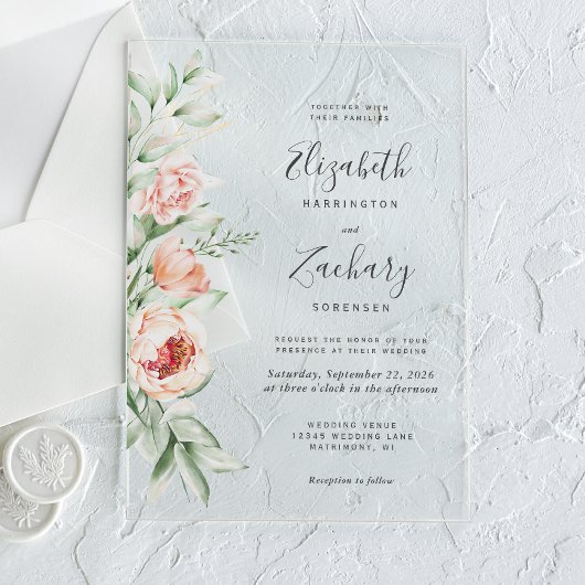 Waterverf Floral Peach Blush Wedding Acryl Uitnodigingen
