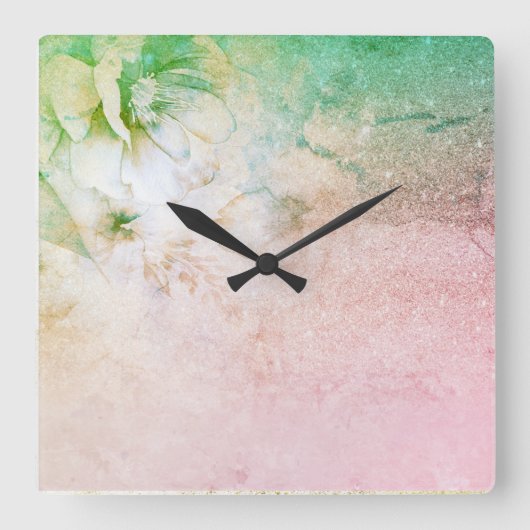 *~* Waterverf Floral Peach Pink Glitter Celestial Vierkante Klok (Voorkant)