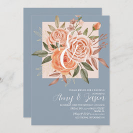 Waterverf Floral Peach Rozen Dusty Blue Wedding B Kaart