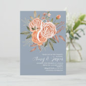 Waterverf Floral Peach Rozen Dusty Blue Wedding Kaart (Staand voorkant)