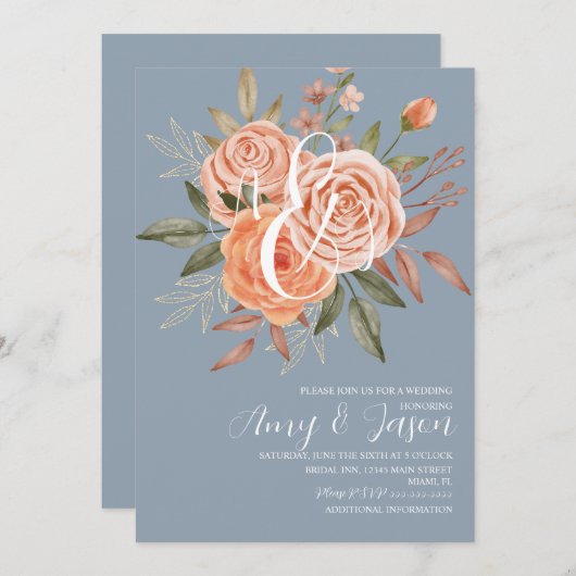 Waterverf Floral Peach Rozen Dusty Blue Wedding Kaart (Voorkant / Achterkant)