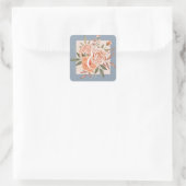 Waterverf Floral Peach Rozen Dusty Blue Wedding Vierkante Sticker (Tas)