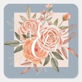 Waterverf Floral Peach Rozen Dusty Blue Wedding Vierkante Sticker