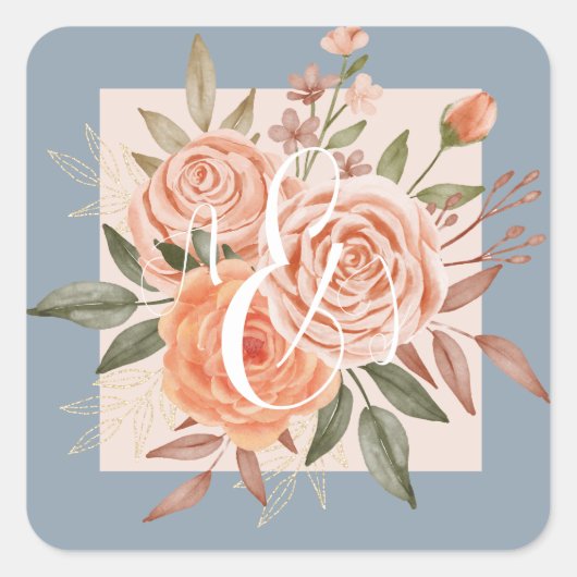 Waterverf Floral Peach Rozen Dusty Blue Wedding Vierkante Sticker (Voorkant)