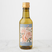 Waterverf Floral Peach Rozen Dusty Blue Wedding Wijn Etiket (Voorkant)