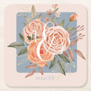 Waterverf Floral Peach Rozen Dusty Pink Gold Kartonnen Onderzetters