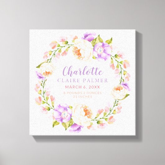 Waterverf Floral Personalized Baby Birth Stats Canvas Afdruk (Voorkant)