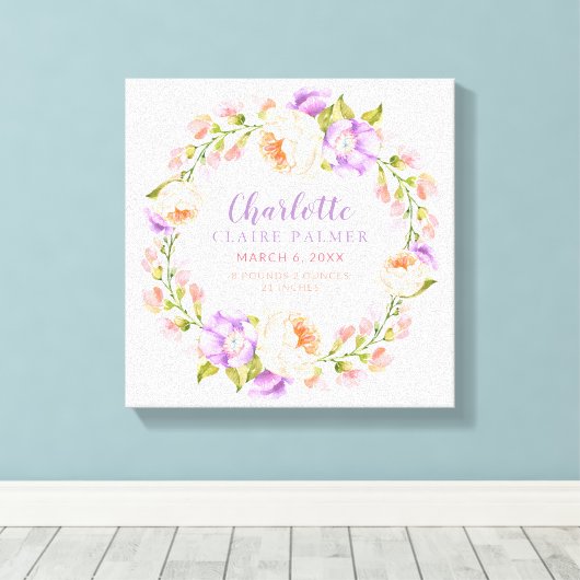 Waterverf Floral Personalized Baby Birth Stats Canvas Afdruk (Insitu (Houten vloer))