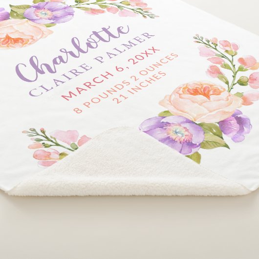 Waterverf Floral Personalized Baby Birth Stats Sherpa Deken (3/4)