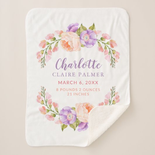 Waterverf Floral Personalized Baby Birth Stats Sherpa Deken (Voorkant)