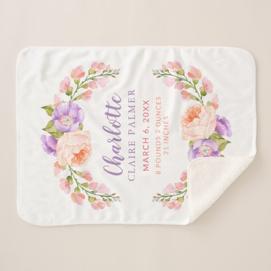 Waterverf Floral Personalized Baby Birth Stats Sherpa Deken (Voorkant (horizontaal))