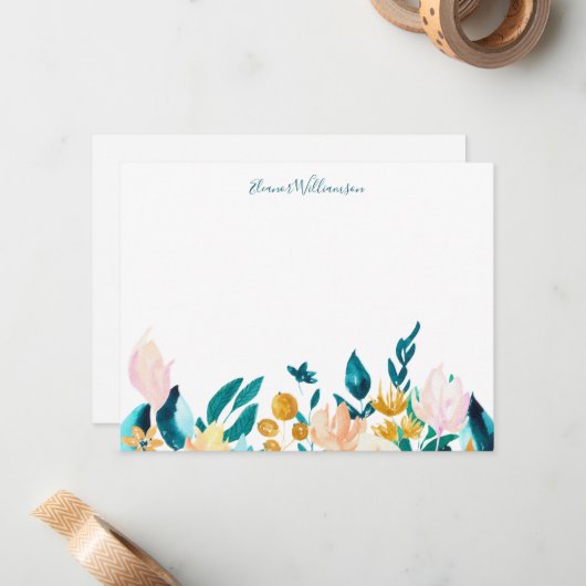  Waterverf Floral Persoonlijk Jade Green Notitiekaartje (Voorkant / Achterkant in situ)