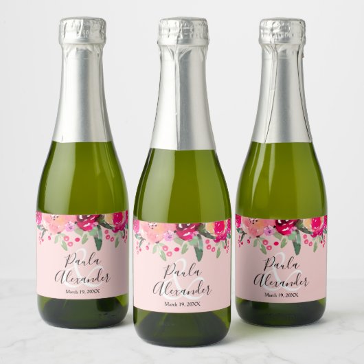 Waterverf Floral Persoonlijke bruiloft Roze Mini Sparkling Wijnetiket (Flessen)