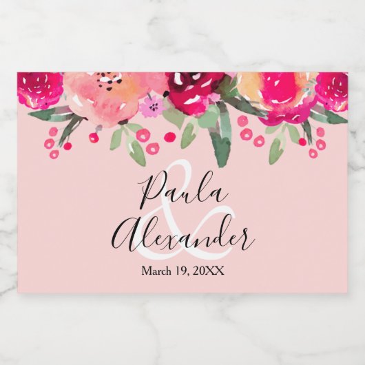 Waterverf Floral Persoonlijke bruiloft Roze Mini Sparkling Wijnetiket (Enkel label)