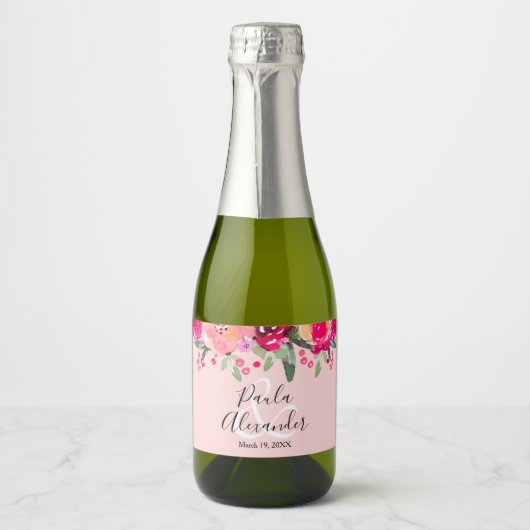Waterverf Floral Persoonlijke bruiloft Roze Mini Sparkling Wijnetiket (Voorkant)