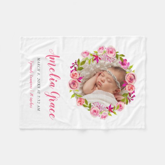 Waterverf Floral Photo Baby Birth Stats Fleece Deken (Voorkant (Horizontaal))