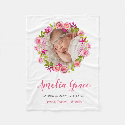 Waterverf Floral Photo Baby Birth Stats Fleece Deken (Voorkant)