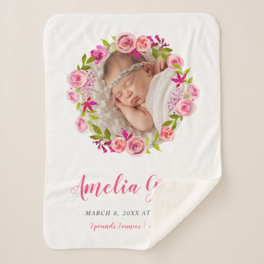 Waterverf Floral Photo Baby Birth Stats Sherpa Deken (Voorkant)