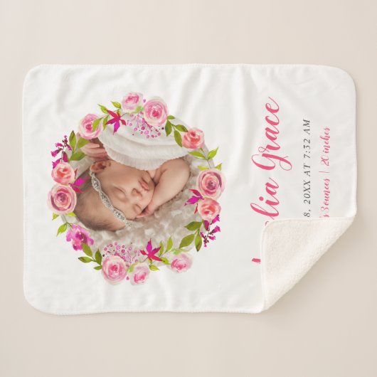 Waterverf Floral Photo Baby Birth Stats Sherpa Deken (Voorkant (horizontaal))