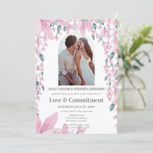 Waterverf Floral Photo Commitment Ceremony Kaart (Staand voorkant)