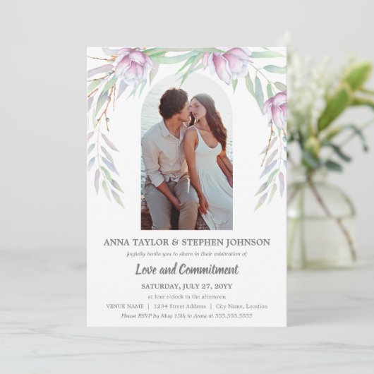 Waterverf Floral & Photo Commitment Ceremony Kaart (Staand voorkant)