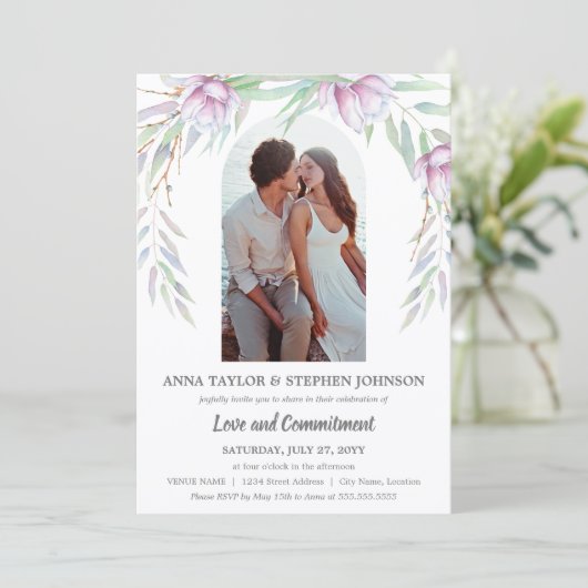 Waterverf Floral & Photo Commitment Ceremony Kaart (Staand voorkant)