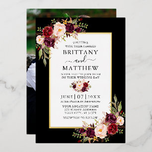 Waterverf Floral Photo Wedding Black Gold Folie Uitnodiging