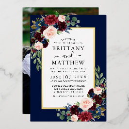 Waterverf Floral Photo Wedding Blue Gold Folie Uitnodiging