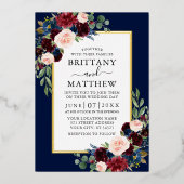 Waterverf Floral Photo Wedding Blue Gold Folie Uitnodiging (Voorkant)
