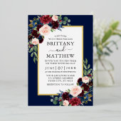 Waterverf Floral Photo Wedding Blue Gold Folie Uitnodiging (Staand Voorkant)
