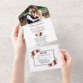 Waterverf Floral Photo Wedding Burgundy All In One Uitnodiging (Afscheurbaar)