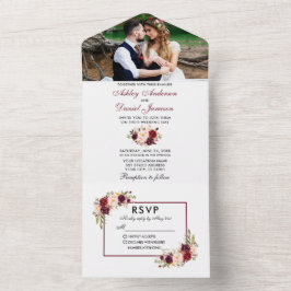 Waterverf Floral Photo Wedding Burgundy All In One Uitnodiging