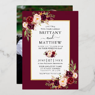 Waterverf Floral Photo Wedding Burgundy Gold Folie Uitnodiging
