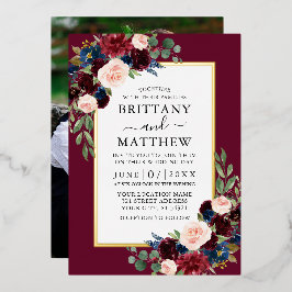 Waterverf Floral Photo Wedding Burgundy Gold Folie Uitnodiging
