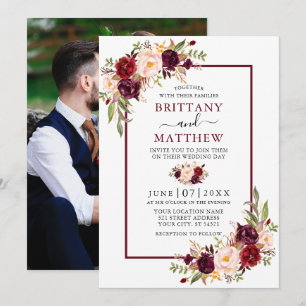 Waterverf Floral Photo Wedding Burgundy Lijst Kaart