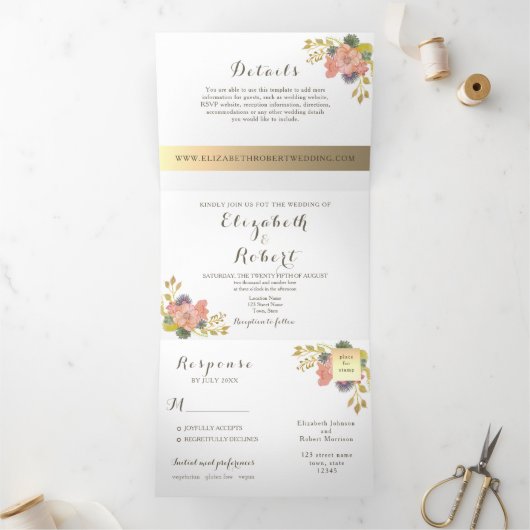 Waterverf Floral Photo Wedding Drieluik Uitnodiging (Binnen)