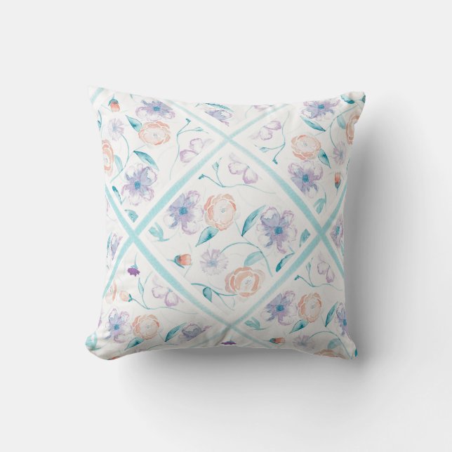 Waterverf Floral Pillow - Lavender, Blue, Peach Kussen (Voorkant)
