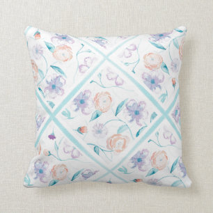 Waterverf Floral Pillow - Lavender, Blue, Peach Kussen