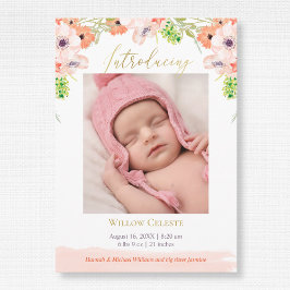 Waterverf Floral Pink Baby Girl Foto geboortedatum Aankondiging