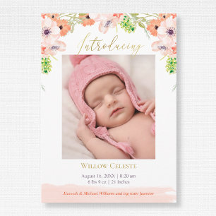 Waterverf Floral Pink Baby Girl Foto geboortedatum Aankondiging